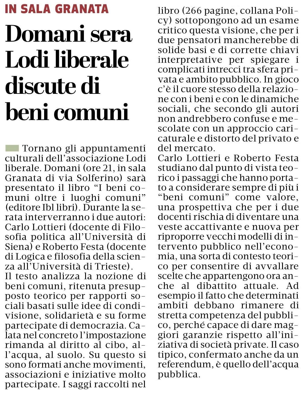 Associazione Lodi Liberale - Presentazione del libro "I beni comuni oltre i luoghi comuni" di Ibl Libri