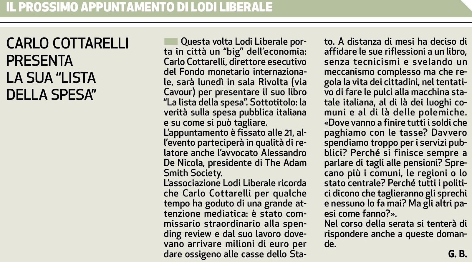 Associazione Lodi Liberale - Presentazione del libro "La lista della spesa" di Carlo Cottarelli