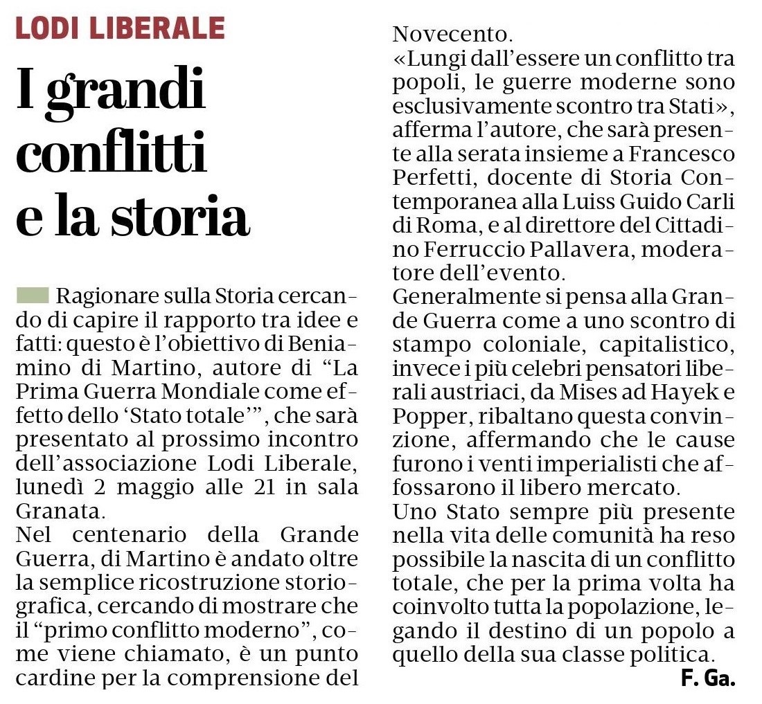 Associazione Lodi Liberale Manifesto La Prima Guerra Mondiale come effetto dello Stato totale Don Beniamino Di Martino, Francesco Perfetti, Ferruccio Pallavera