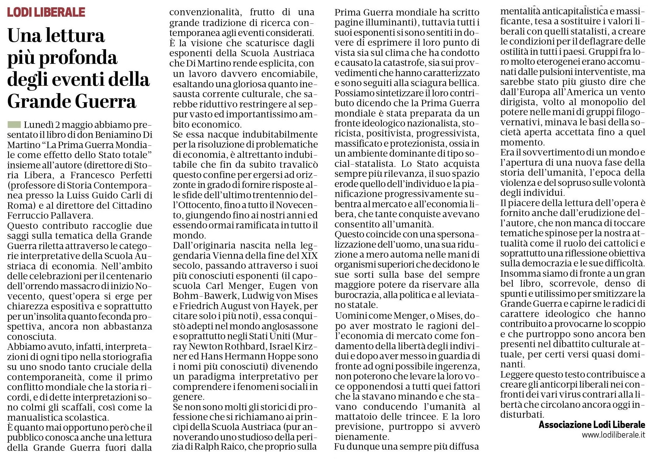 Associazione Lodi Liberale Recensione La Prima Guerra Mondiale come effetto dello Stato totale Don Beniamino Di Martino, Francesco Perfetti