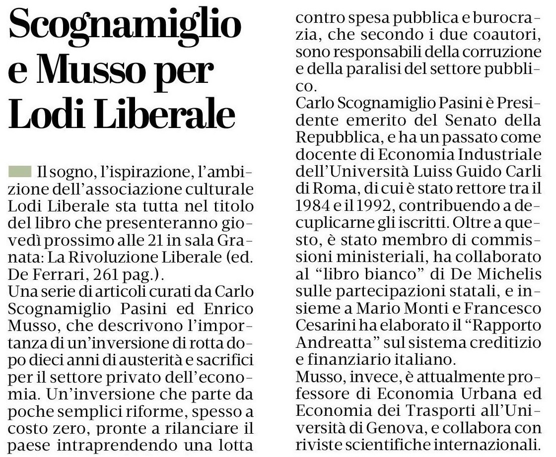 Associazione Lodi Liberale - Presentazione del libro "Rivoluzione liberale. Come si fa" di Carlo Scognamiglio e Enrico Musso